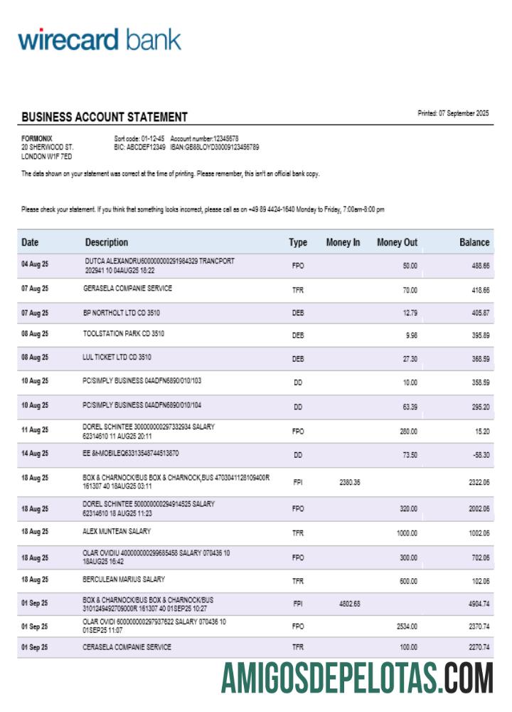 Aschheim Wirecard Business Firm Account Extrato bancário em formato Word e PDF amostra
